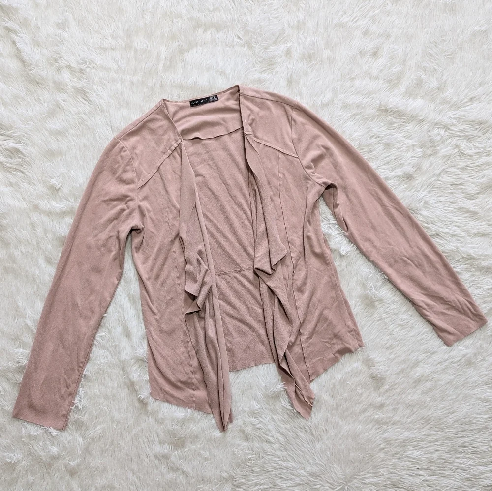 Black Tape_ Pastel Pink Suede Open Front Flowy Waterfall Cardigan Medium